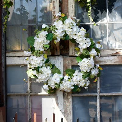 Hydrangea and Sedum Artificial Spring Floral Wreath - 32" - White and Green