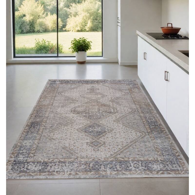 Bigi Distressed Abstract Modern Stain Resistant Woven Area Rug By HomeRoots - 4' X 6' - Cream/Onyx - Rectangle