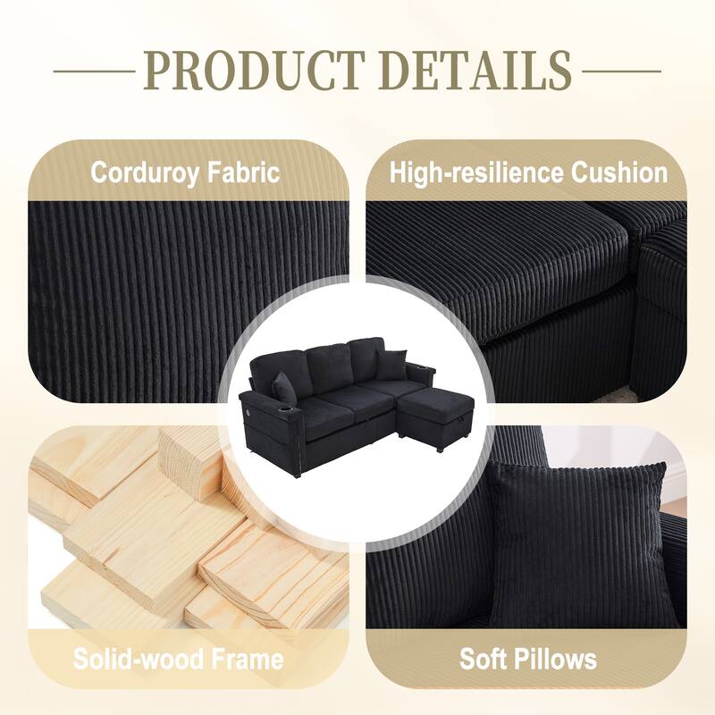 HOMEFUN Corduroy Upholstered L-shaped Pull-Out Storage Sectional Sofa with Storage Ottoman,USB Charging,Cup Holder