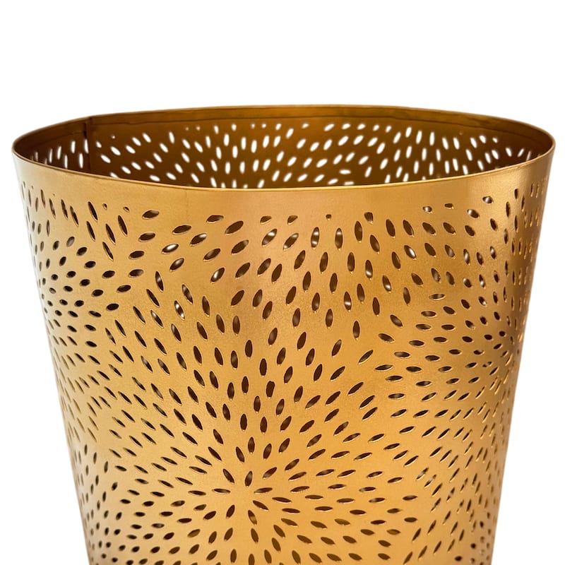 10" Decorative Iron Wastebasket Trash Can Matte Gold Leaf Etched Design