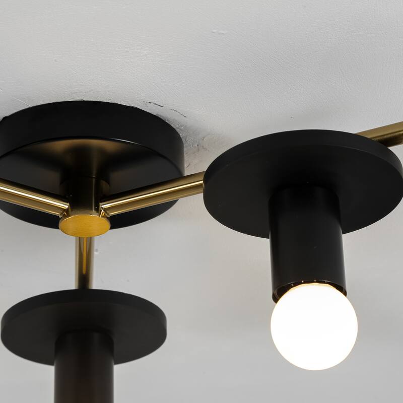 3-Light Modern Green/Black Sputnik Metal Wooden Semi-flush Mount Ceiling Light for Living Room
