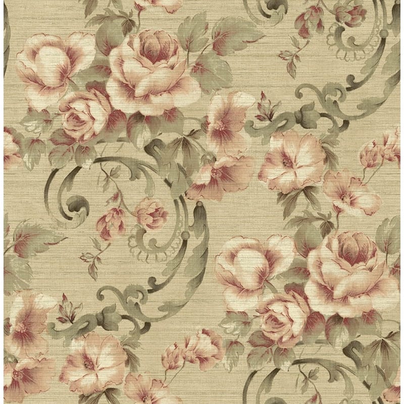 Seabrook Design Hera Floral Scroll Unpasted Wallpaper - 20.5 in W x 33 ft. L - Metallic Beige & Cranberry
