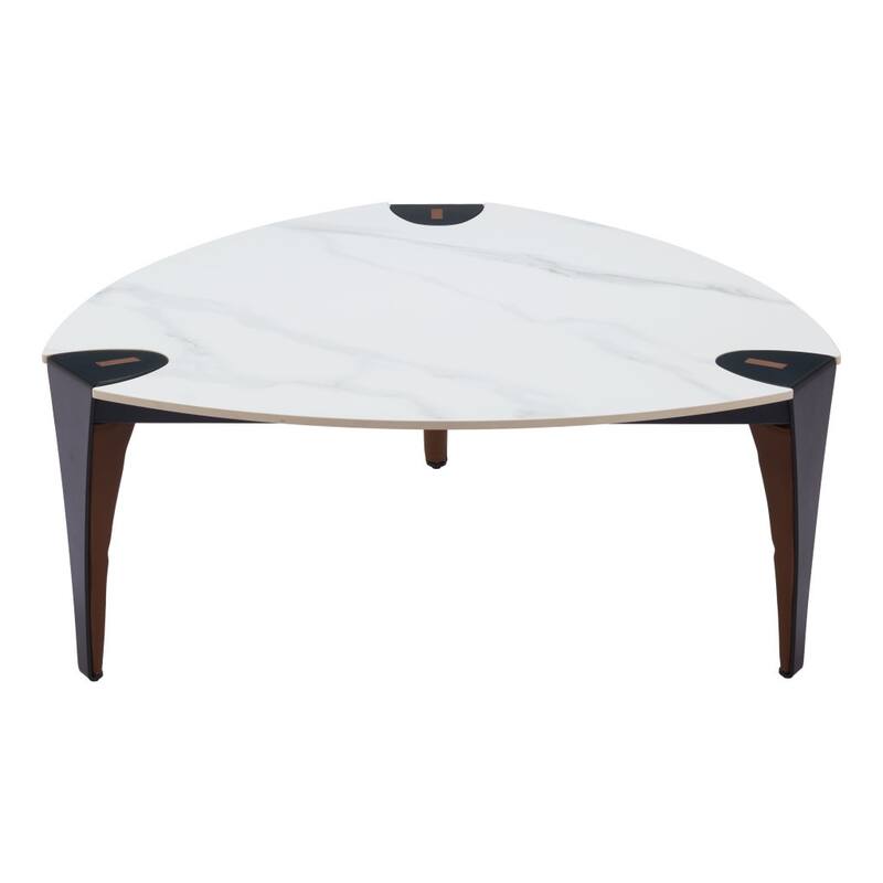 HomeRoots 36" White and Black Sintered Stone Faux Leather And Steel Triangle Coffee Table - 36' X '15.2' X '36