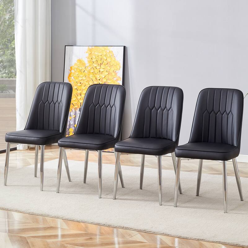 Roomfitters PU Dining Chairs with Smooth Backrest and Silver Metal Legs, Set of 4 for Kitchen or Office Use - Black (Set of 4)