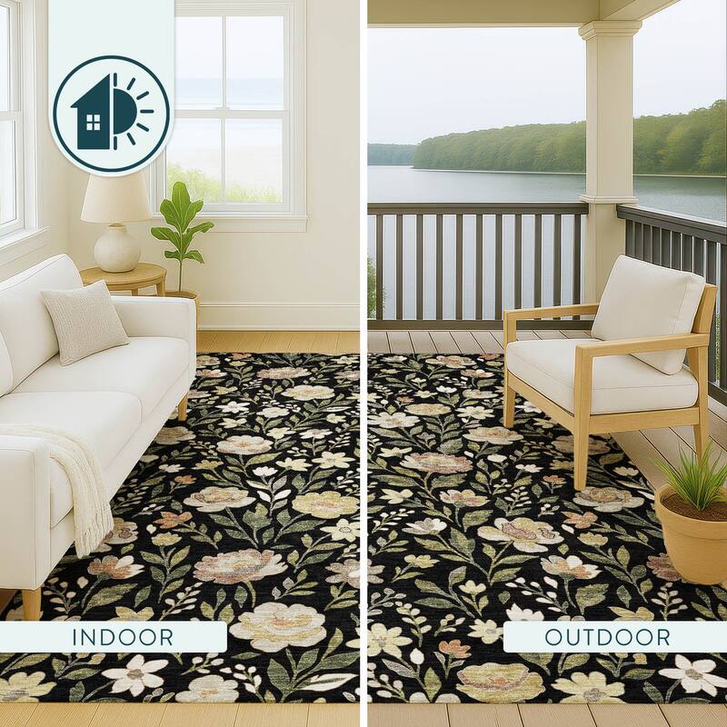 Machine Washable Indoor/ Outdoor Floral Garden Chantille Rug