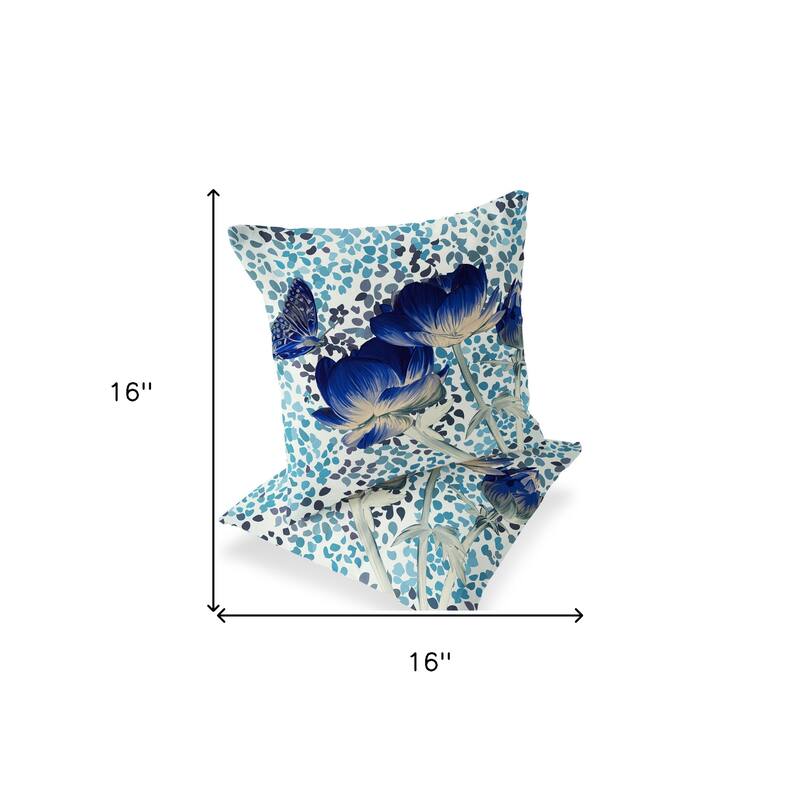 HomeRoots Set of Two 16" X 16" Blue and Off White Butterfly Blown Seam Floral Indoor Outdoor Throw Pillow