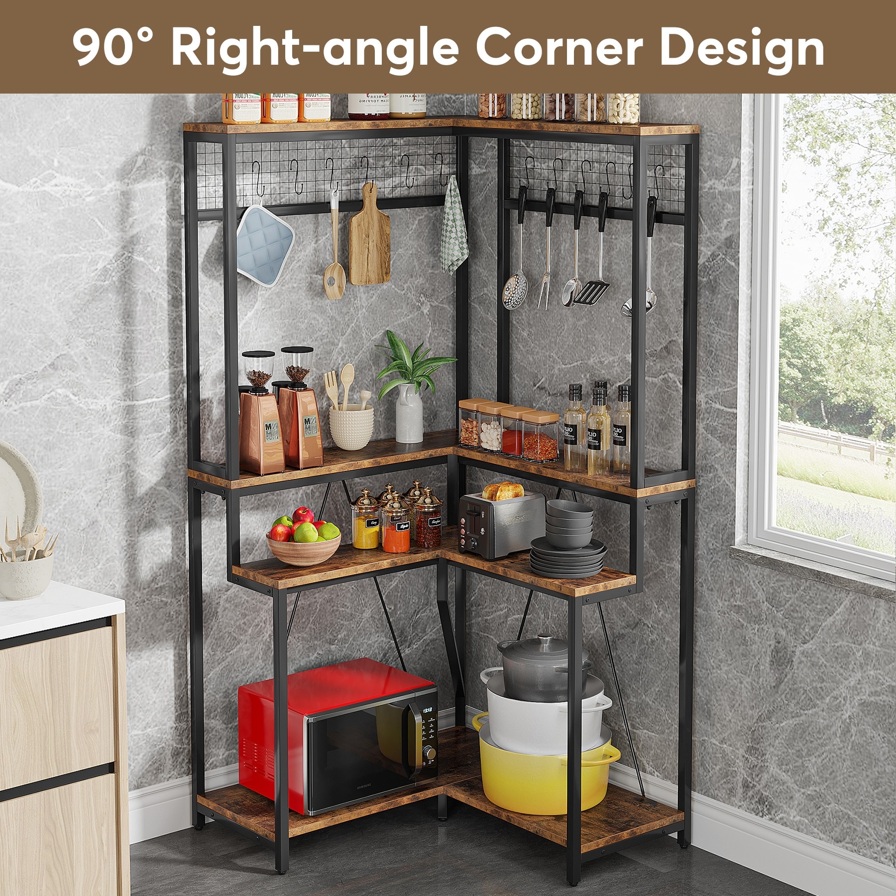 Corner bakers rack with storage outlet