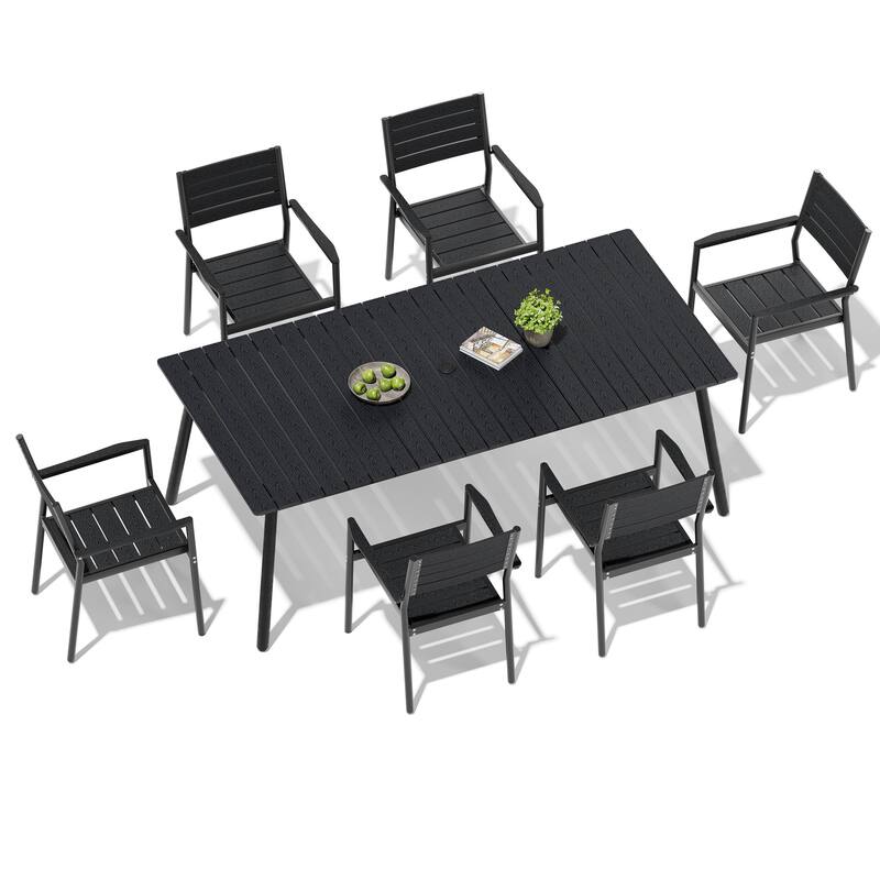 7-Piece Outdoor Patio Dining Set Aluminum Dining Table with Umbrella Hole and Stackable Armchairs
