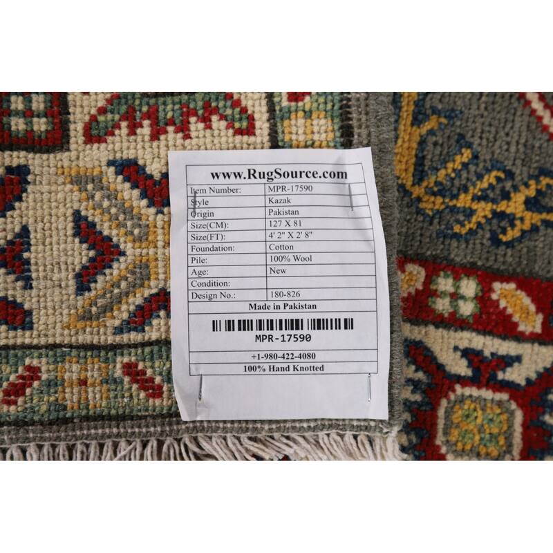 Geometric Kazak Foyer Rug Handmade Grey Wool Handmade Wool Carpet - 2'8" x 4'2"