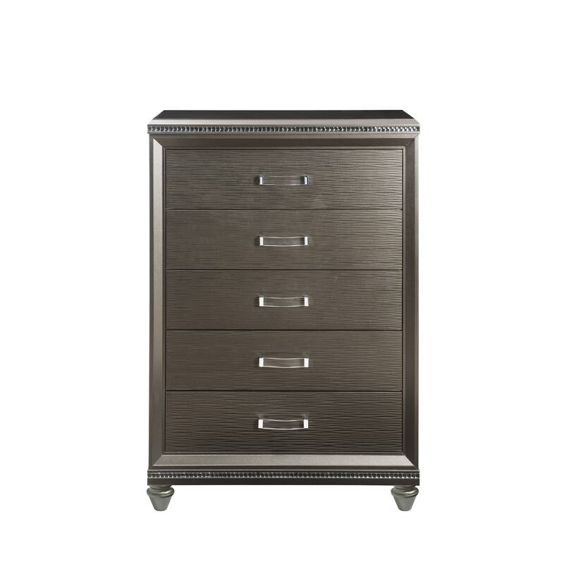 Contemporary 5 Drawer Wooden Chest with Mirror Trim Details, Brown