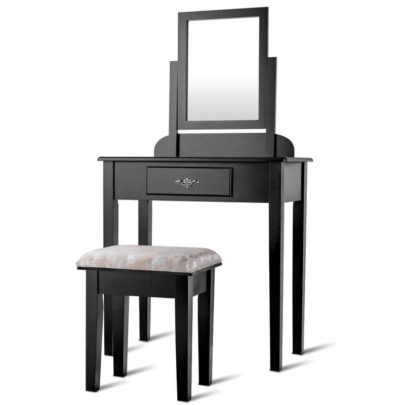 Vanity Dressing Table Stool Set with Large Makeup Mirror - 29.5" x 16.0" x 53.5" (L x W x H)