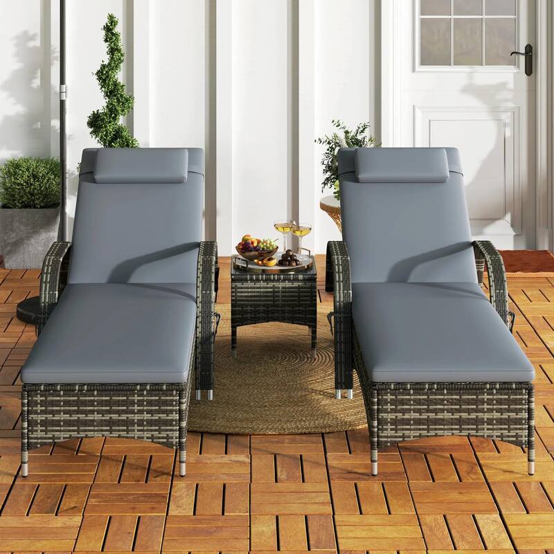 Wicker Chaise Lounge Set,Patio Recliners,Adjustable Back,Table,Cushion