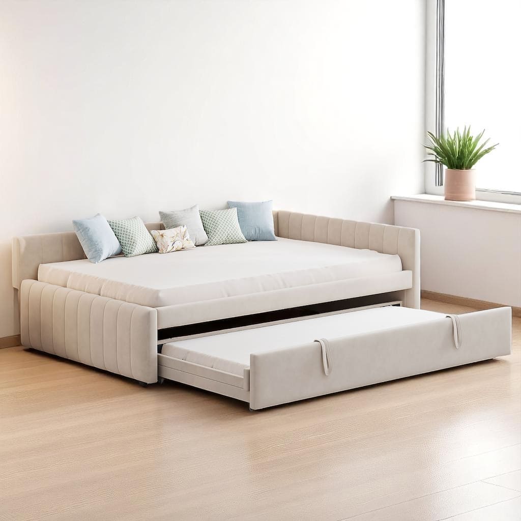 Stylish Full Size Daybed with Pull-Out Twin Trundle, L-Shaped Backrest, and No Box Spring Required