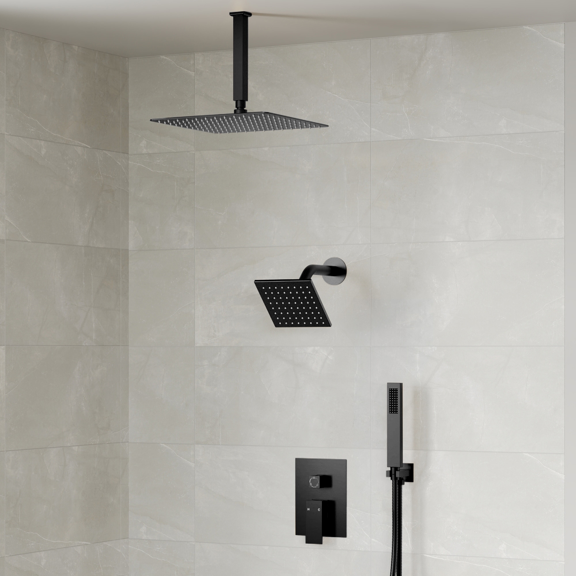 10" Ceiling and 6" Wall Mount Rainfall Dual Shower System Multifunctional Shower Faucet with Handheld - 10" x 6"