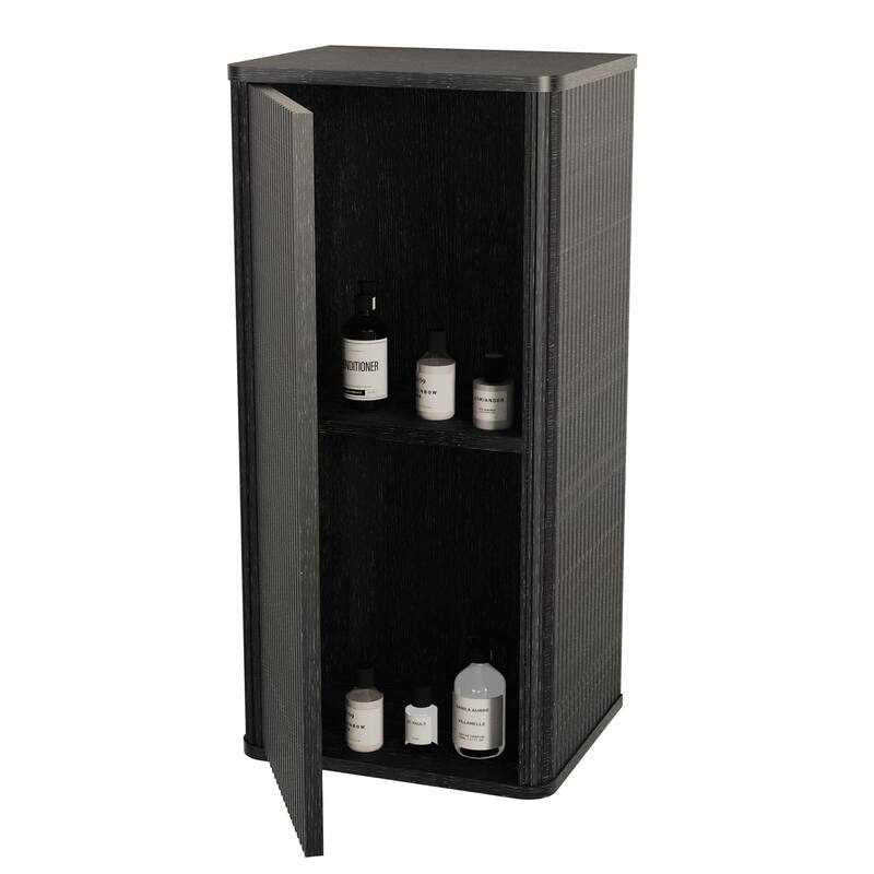 Wall-Mounted Floating Side Cabinet with Chic Striped Textures, Safe Curvy Design, Push-Open Door and Inside Shelves