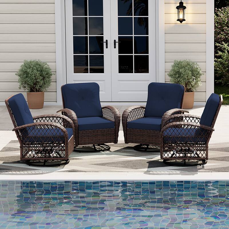 UPHA Wicker Outdoor Rocking & Swivel Chair 4-Piece Set with Cushions - Blue