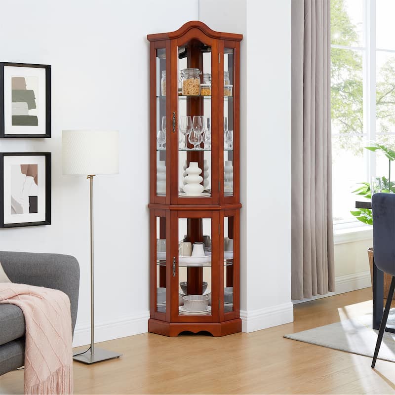 Corner Curio Cabinet with Adjustable Glass Shelves and Mirror Back - Walnut