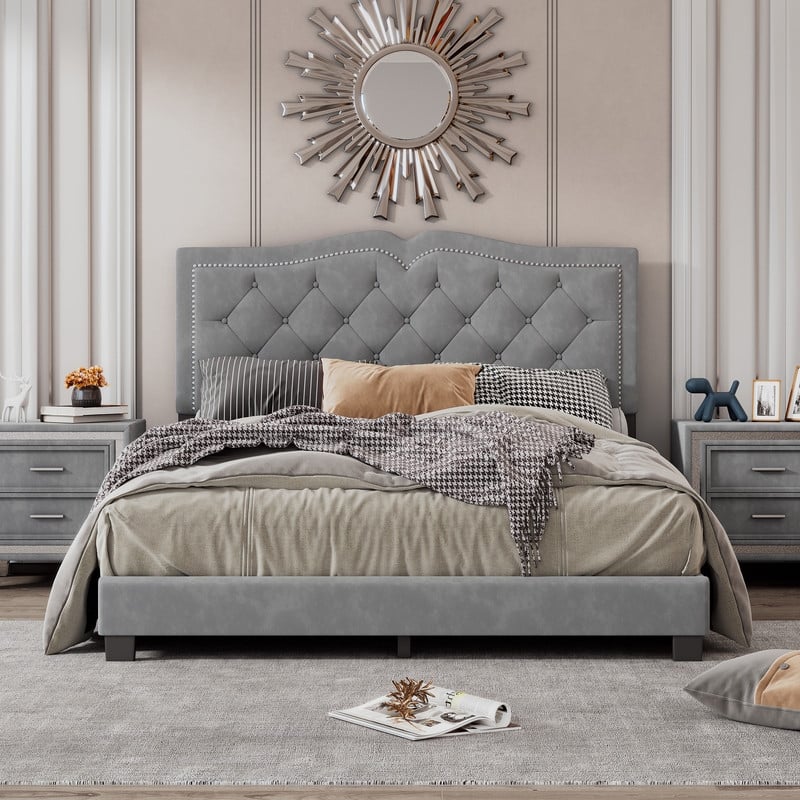 Queen Size Tufted Velvet Upholstered Bed with Rivet Design - Grey