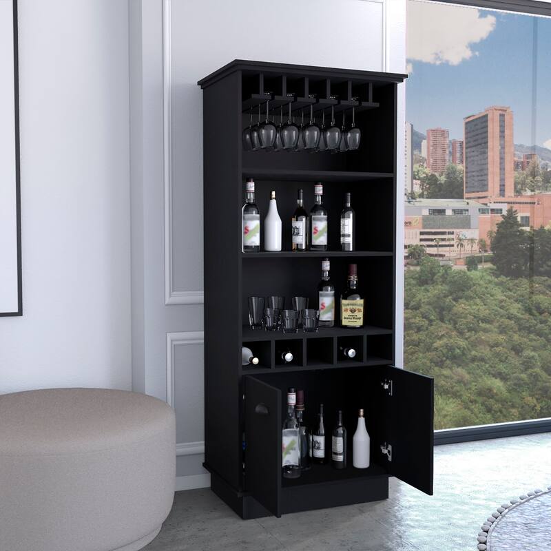 Dundee 70-Inch High 10-Glass Bar Cabinet with 5 Cubbies