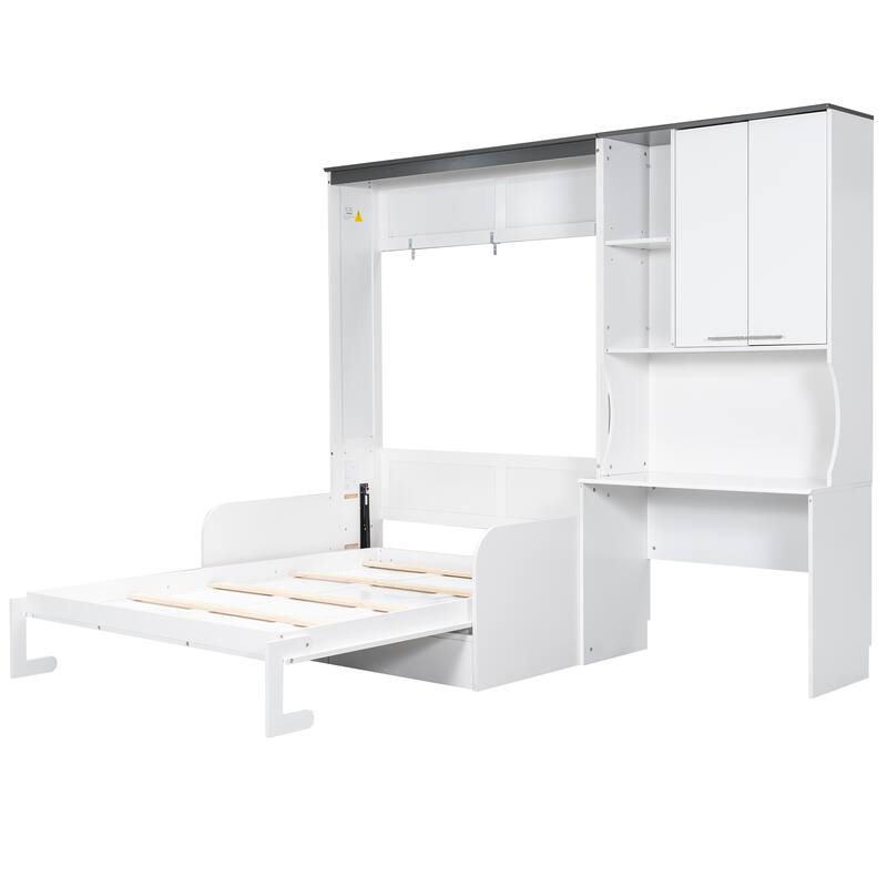 Space-saving Foldable Bed Design Murphy Bed Foldable Platform Bed with Sofa, All-in-one Storage Bookcase Cabinet and Desk