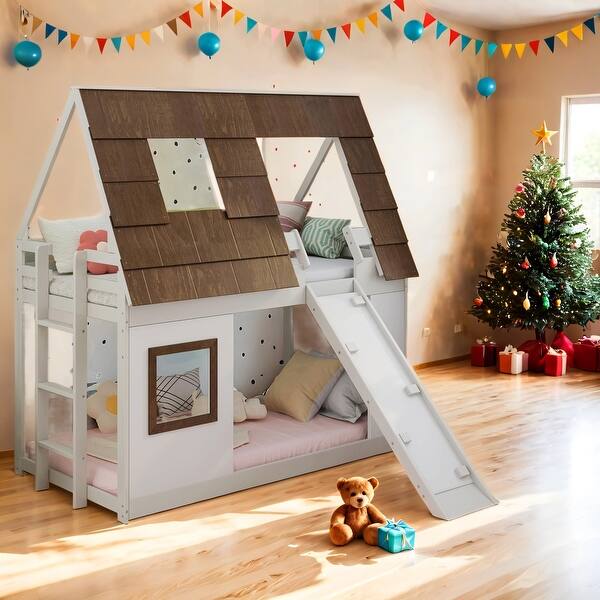 slide 2 of 31, Twin Size Wood House Bunk Bed with Ladder and Climbing Ramp Brown+White