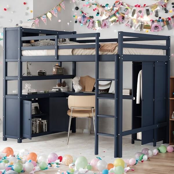 slide 2 of 13, Full Size Loft with Wardrobe and Desk for Kids,Wood Loft Bed with Cabinet and Bookshelf, Dark Blue
