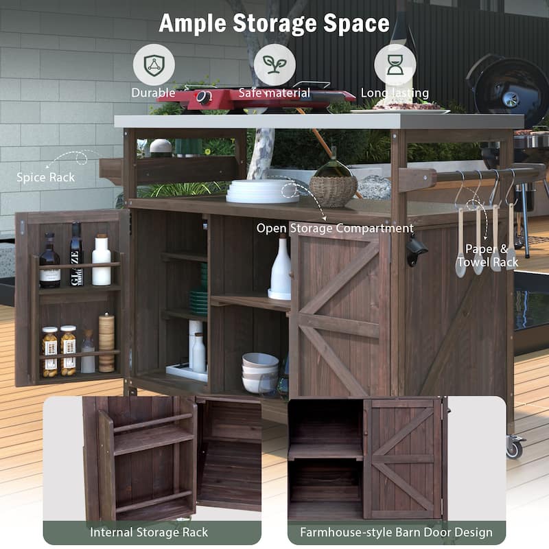 Farmhouse Outdoor Kitchen Island, Rolling Bar Cart & Storage Cabinet with Stainless Steel Top, Spice Rack & Towel Rack