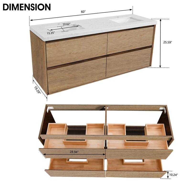 24"30"36"48"60"72"84" Floating Bathroom Vanity Engineered Stone Top with Rectangular Ceramic Undermount Sink