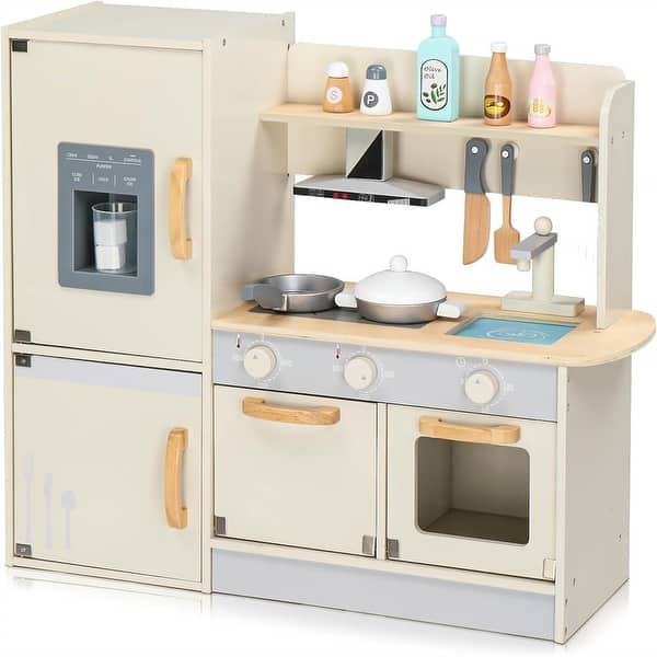 slide 2 of 7, Wooden Pretend Kitchen Playset with Toy Ice Maker & Cooking Set Accessories Kitchens