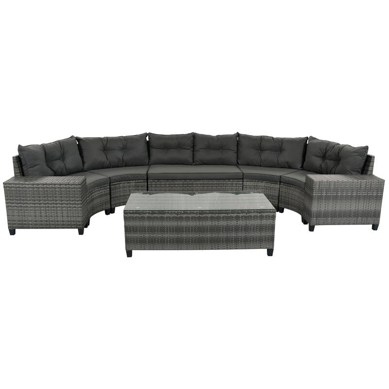 8-Piece Outdoor Patio Wicker Half-Moon Sectional Sofa Set with Rectangular Coffee Table