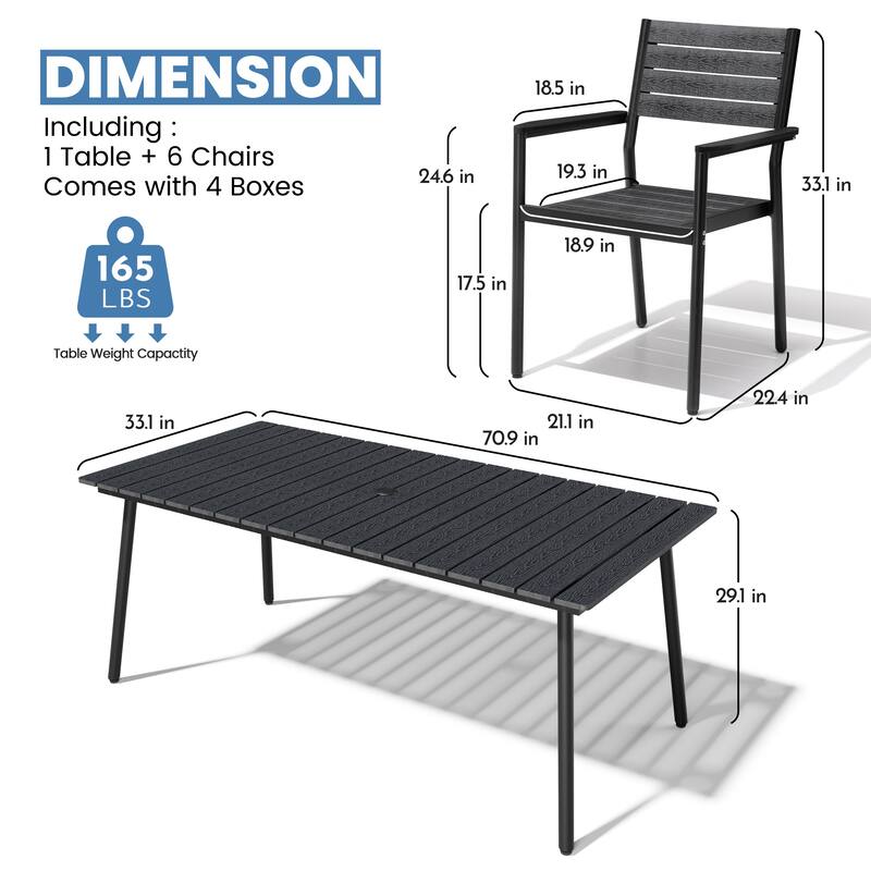 7-Piece Outdoor Patio Dining Set Wood-Like Table Top Alumium Umbrella Hole Table with Stackable Armrest Chairs