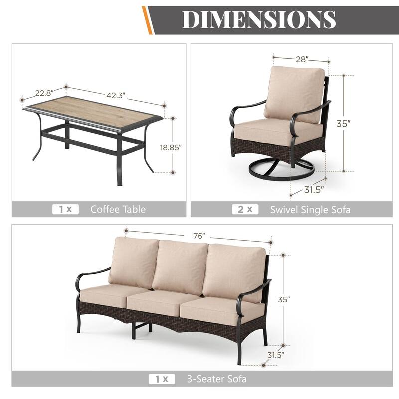 MAISON ARTS 4-Piece Rattan Wicker Patio Furniture Set with Swivel Chairs, Metal Frame & Coffee Table for Outdoor Spaces