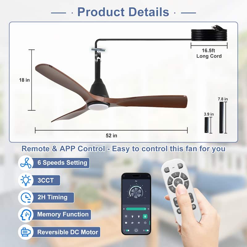 Outdoor Ceiling Fan with Light: Plug-in Hanging Fan, Remote App Control, 3CCT, 6-Speed