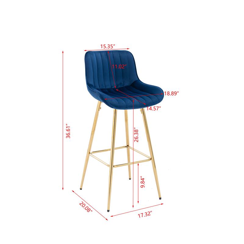 2 Bar Stools with Chrome Footrest Velvet Fabric Counter Stool Golden Leg Simple Bar Stool - N/A