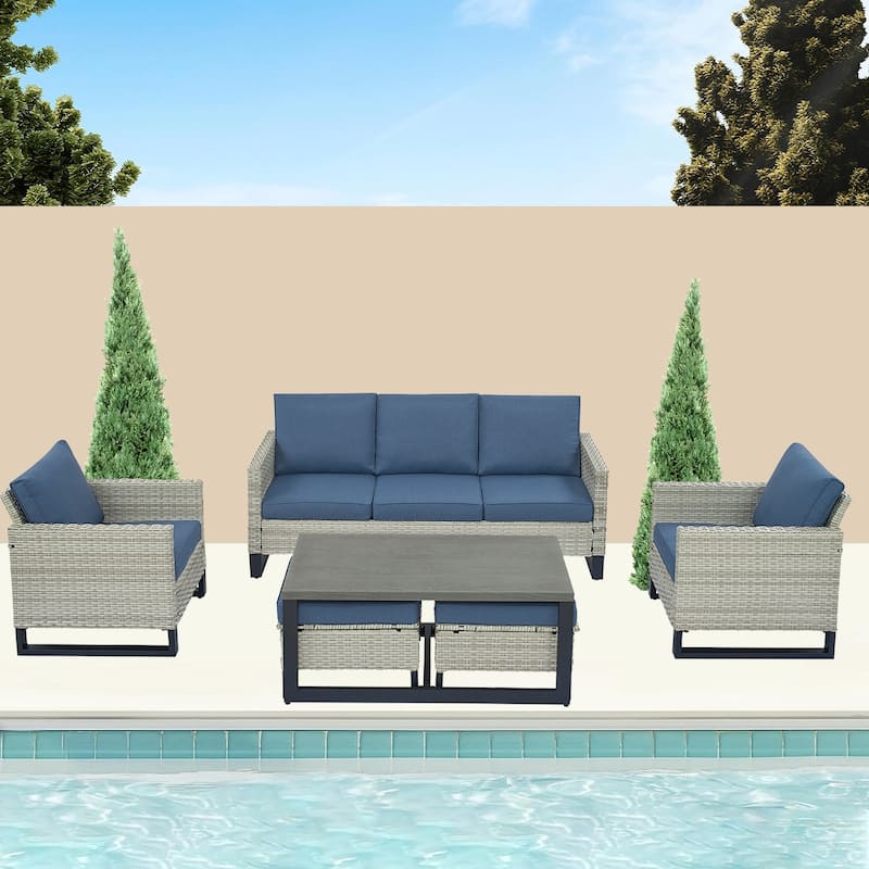 6 Piece Outdoor Sofa with Chair with Ottoman Set - Blue