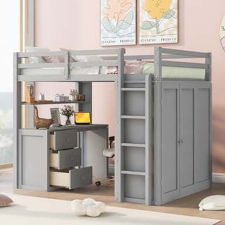 Full Wood Loft Bed with Desk, Wardrobe, Drawers & Safety Guardrails