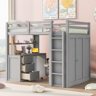 Muti-functional Full Size Loft Bed with Storage Drawers, Wooden Bed with Desk, Platform Bed with Wardrobe, gREY