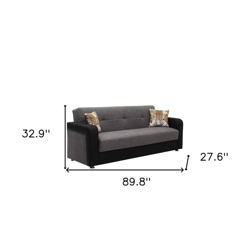 HomeRoots 90" Gray Chenille And Faux Leather Convertible Futon Sleeper Sofa And Toss Pillows With Storage