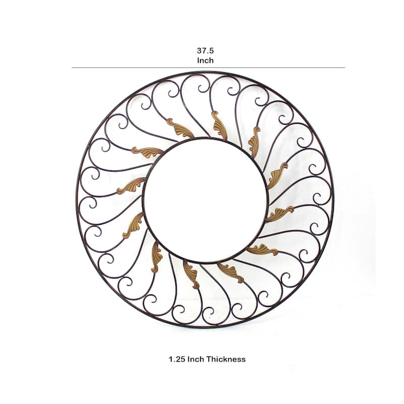 Round Metal Wall Mirror Set of 2 with Scroll Details, Bronze and Gold