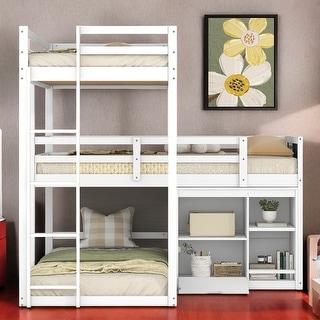 L-Shaped Twin Size Bunk Bed Frame with Storage, White