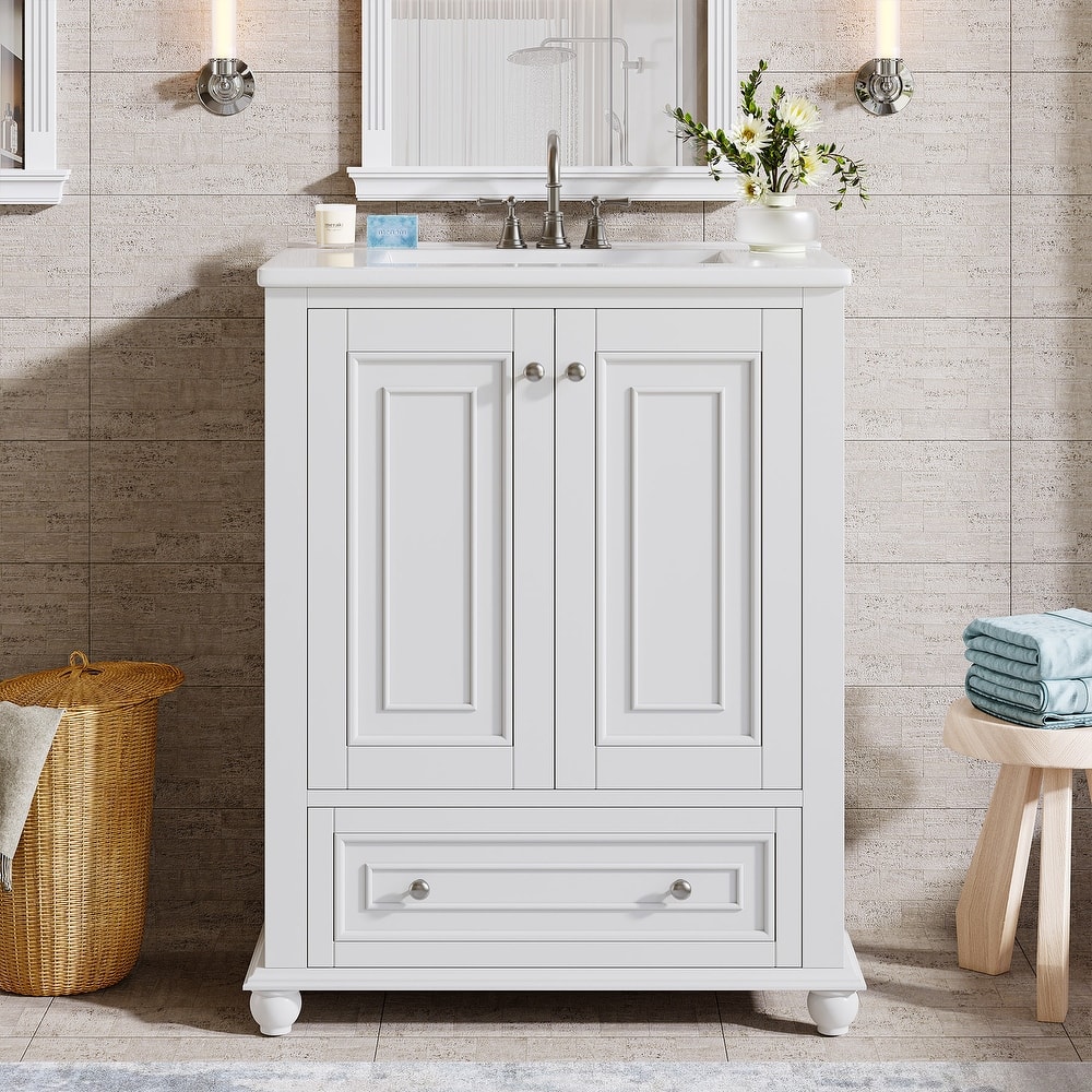 Solid Wood Modern Bathroom Vanity with Ceramic Sink, Adjustable Shelf Storage