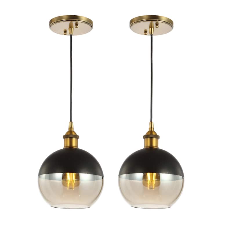 Goldwater 7.5" Adjustable Drop Globe Metal/Glass LED Pendant, by JONATHAN Y - Black/Brass Gold - Set of 2