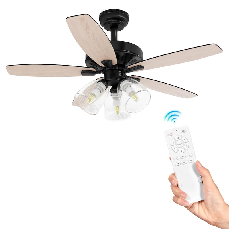 Moasis Farmhouse LED Ceiling Fan with Light And Clear Seeded Glass Light Kit - Downrod Grey