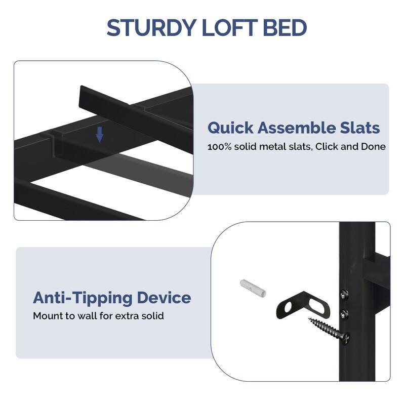Metal Loft bed with Desk, Built-in Wardrobes,LED Light,Charging Sockets and Ladder