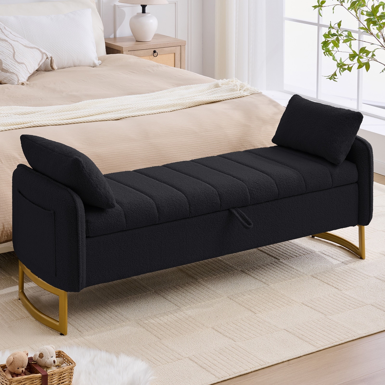 65"W Tufted Storage Bench for Bedroom End of Bed with Gold Legs and Two Pillows