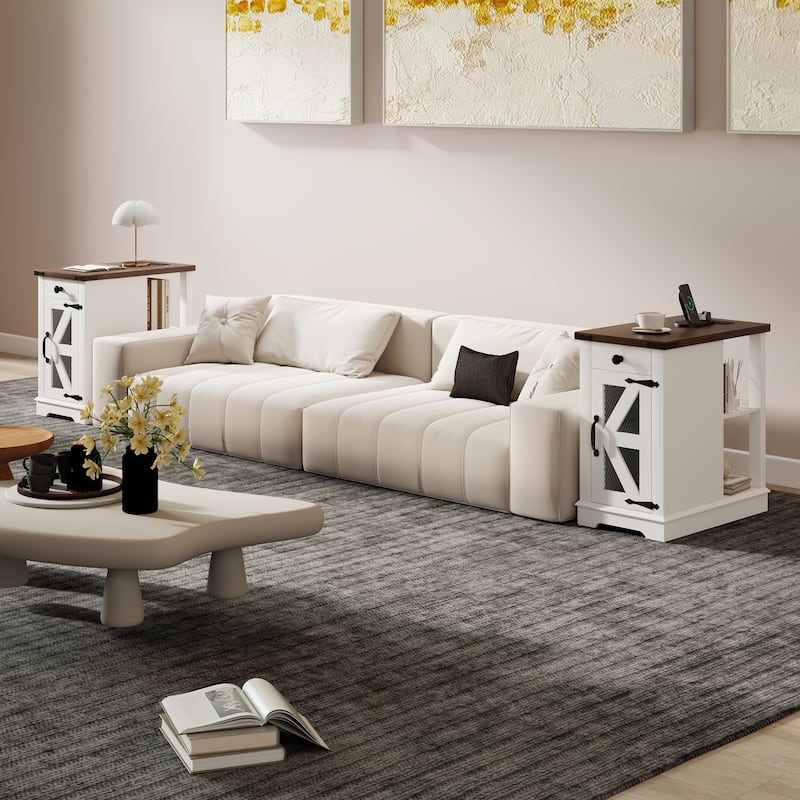 2 Pcs Side Table with Charging Station with Storage Shelf and Drawers - White