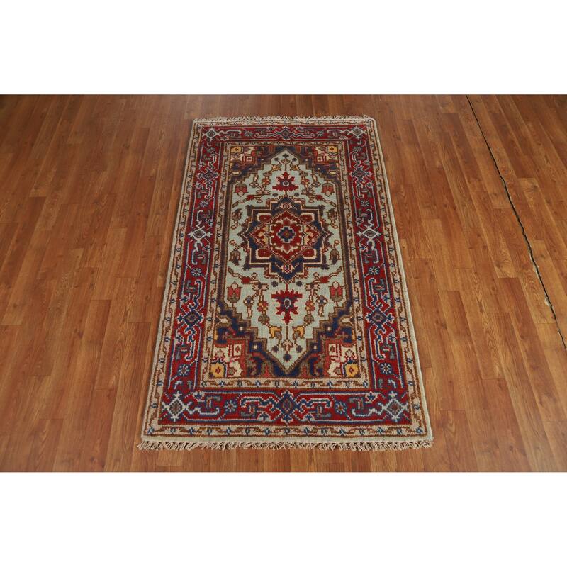 Hand Knotted Oriental 100% Wool Carpet Traditional Medallion Navy Blue & Blues Heriz (serapi) Area Rug - 5' 1'' X 3' 1''