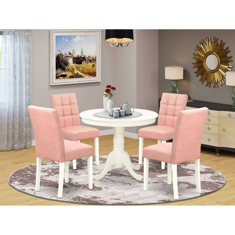 5 Piece Dining Table Set Round Pedestal Table & 4 Parsons Chairs Linen White