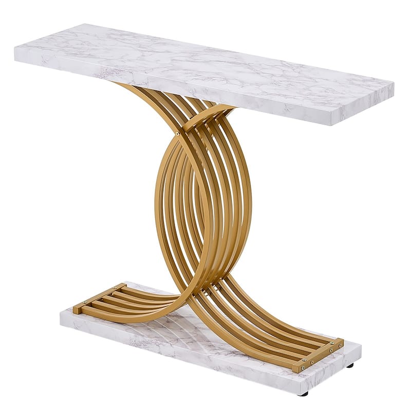 Faux Marble White MDF Metal Console Table, 1-Tier with Adjustable Feet - 39.4” L x 11.8” W x 31.9” H