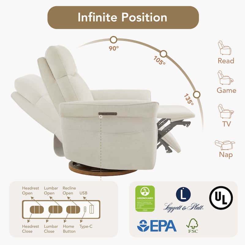 Spruce & Spring Power Swivel Recliner Chair Triple-Motor Nursery Glider
